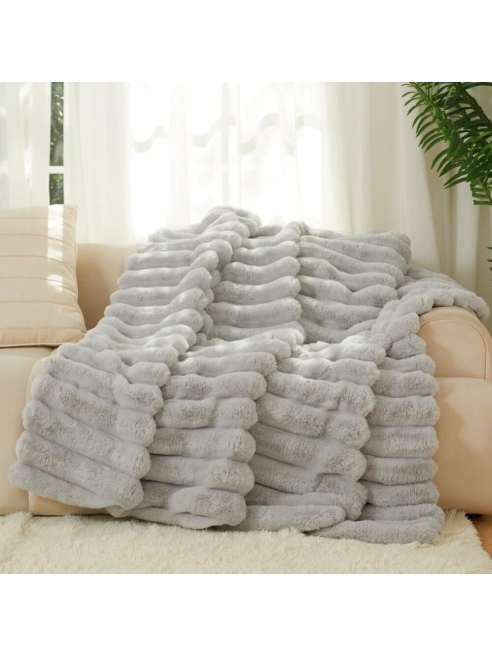 Luxe Faux Fur Striped Blanket 60"x70" - Soft Cozy Warm Reversible Home Decor